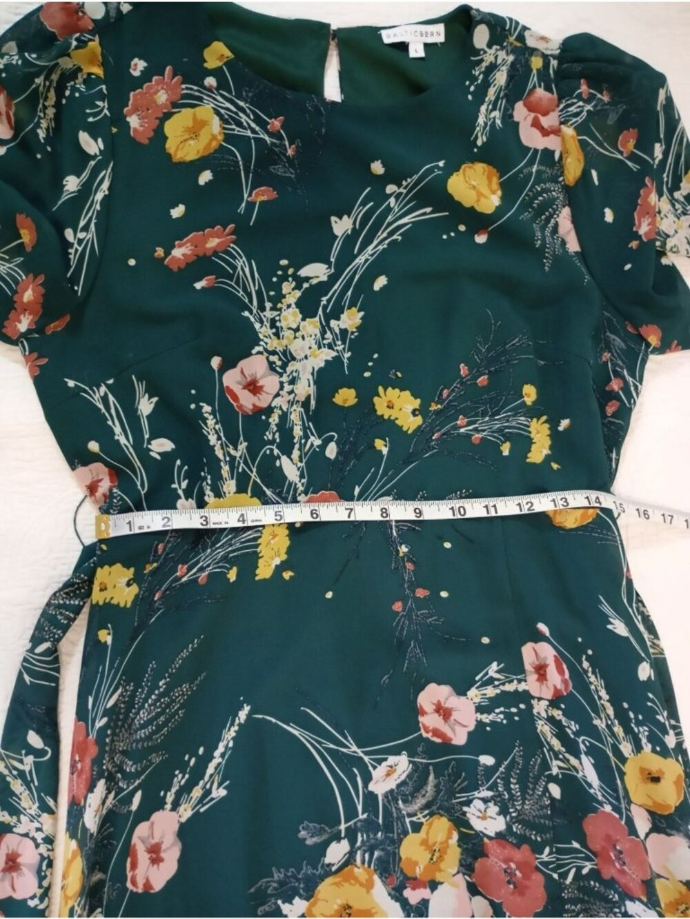 Baltic Born Green Floral Maxi Dress With Short Flutter Sleeve & Tie Waist Size L - Picture 9 of 15